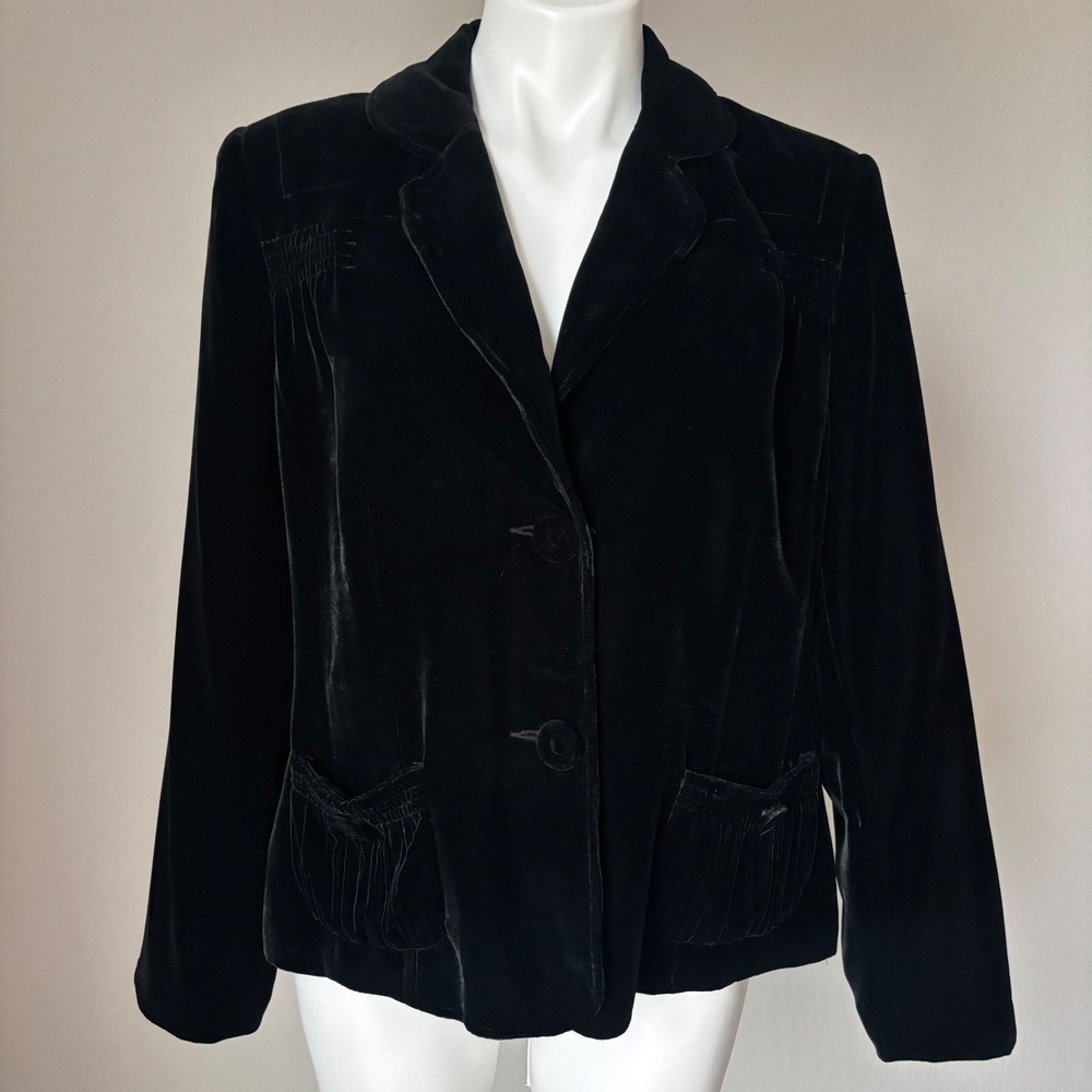 Tribal Black Velvet Blazer Size 12 Silk Blend Dark Academia Corporate Goth